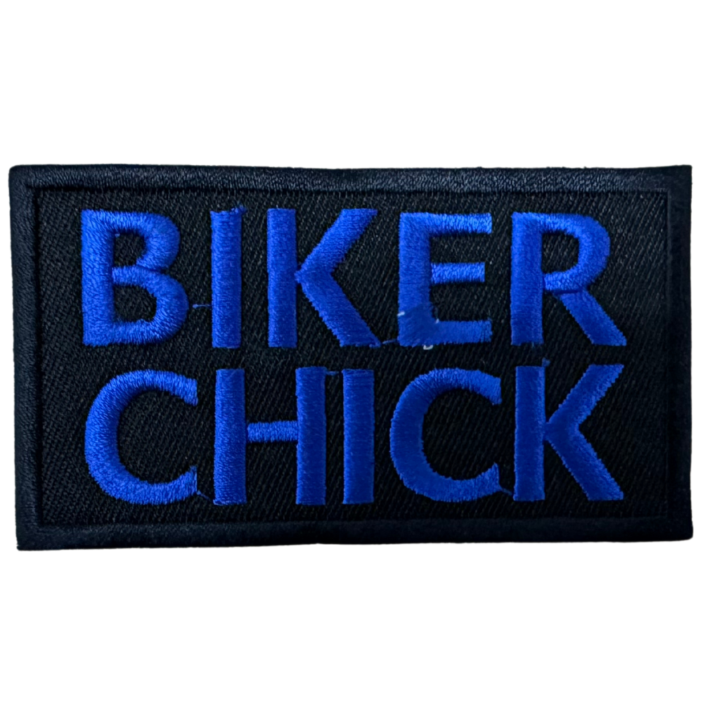 Motorcycle Waistcoat Patch With Biker Chick In Blue
