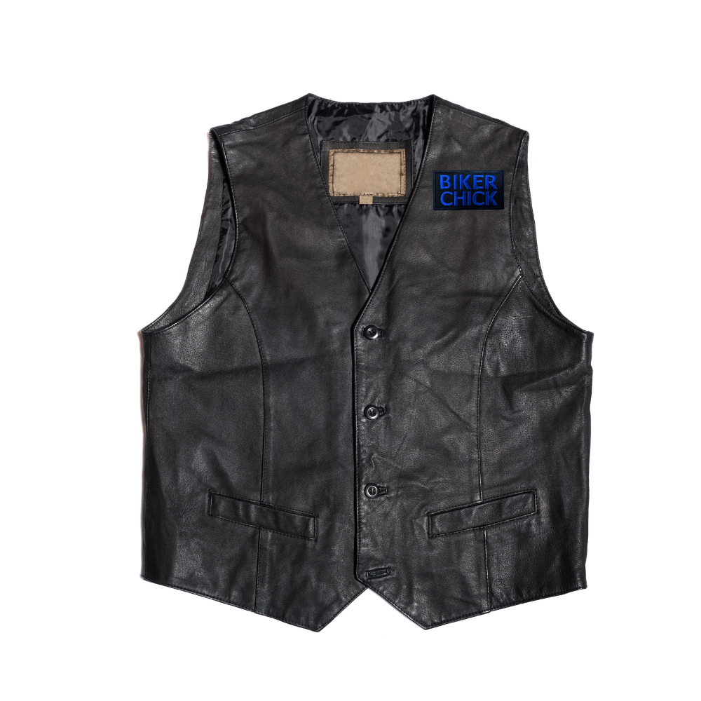 Motorcycle Waistcoat Patch With Biker Chick In Blue