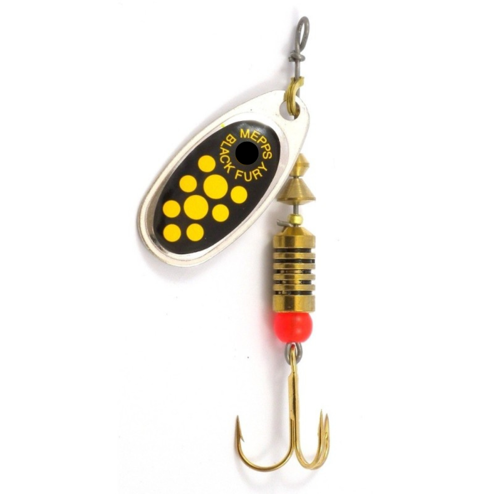 Mepps Black Fury Yellow Dot Silver Blade #1 Spinner