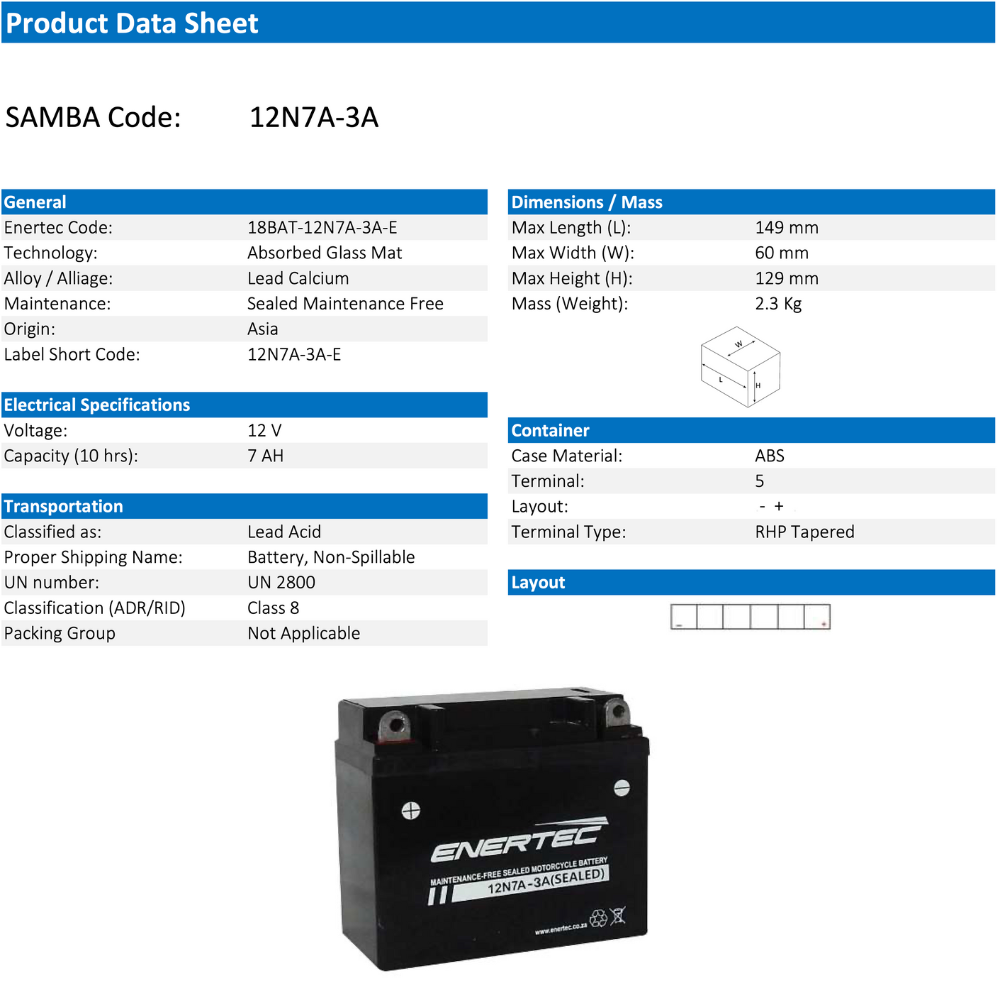 Enertec Battery 12N7A-3A -Motorcycle Battery