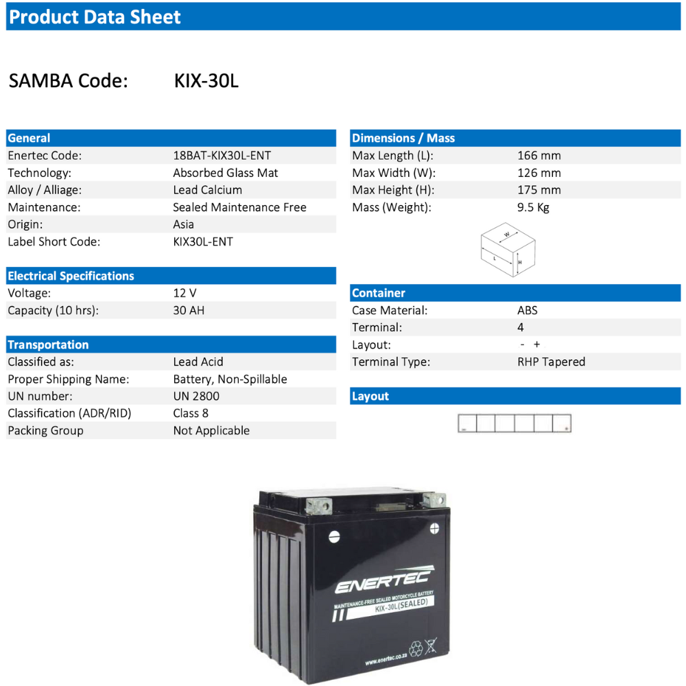 Enertec Battery KIX30-L -Motorcycle Battery