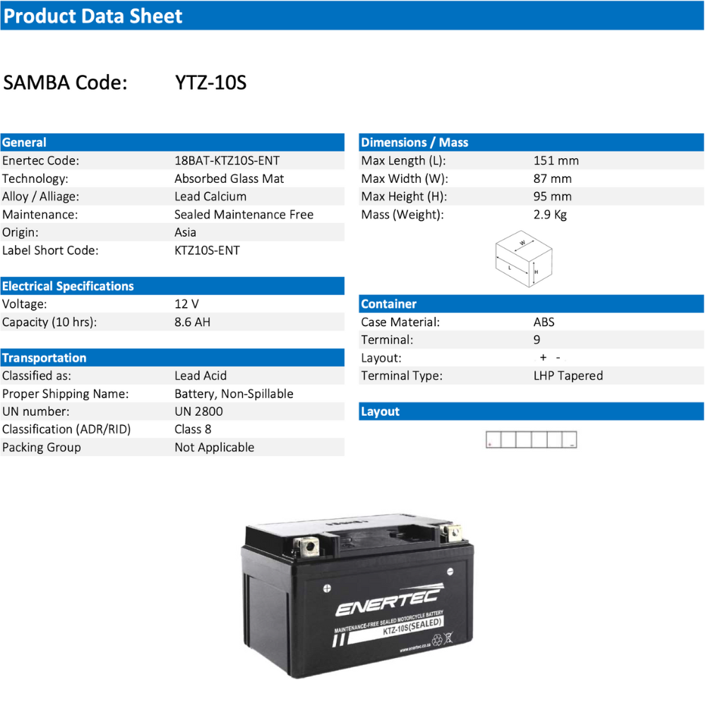 Enertec Battery KTZ-10S -Motorcycle Battery