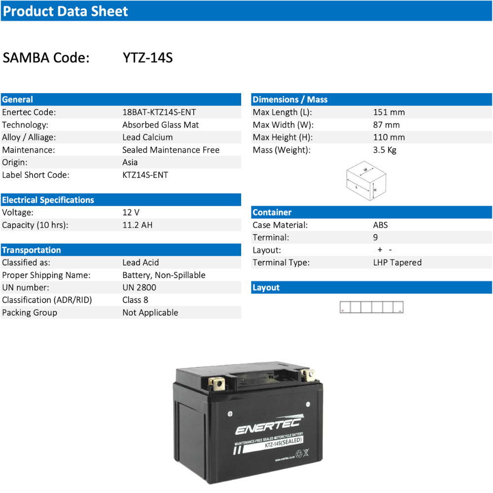 Enertec Battery KTZ-14S -Motorcycle Battery