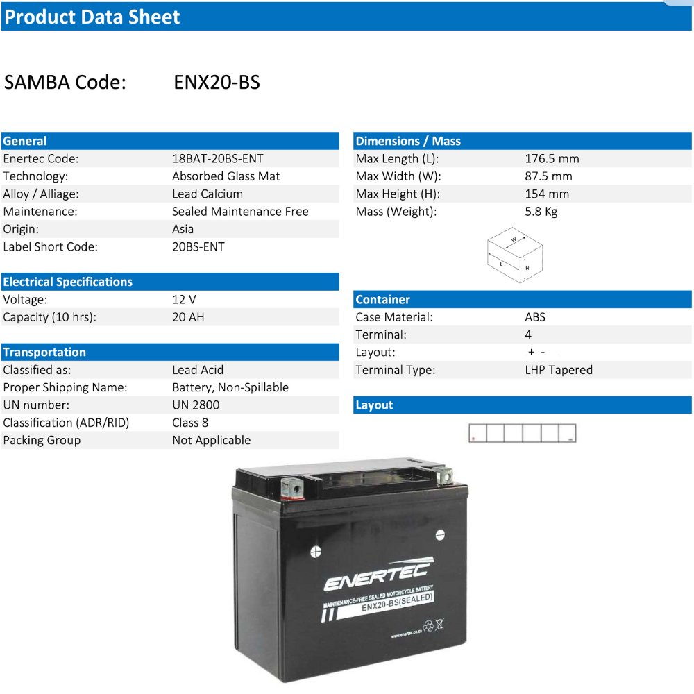 Enertec Battery ENX20-BS -Motorcycle Battery