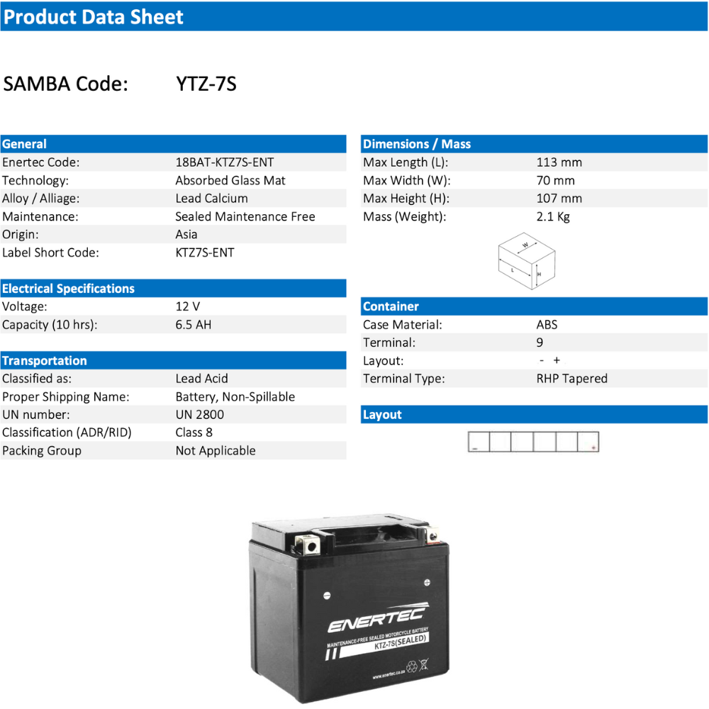 Enertec Battery KTZ-7S -Motorcycle Battery