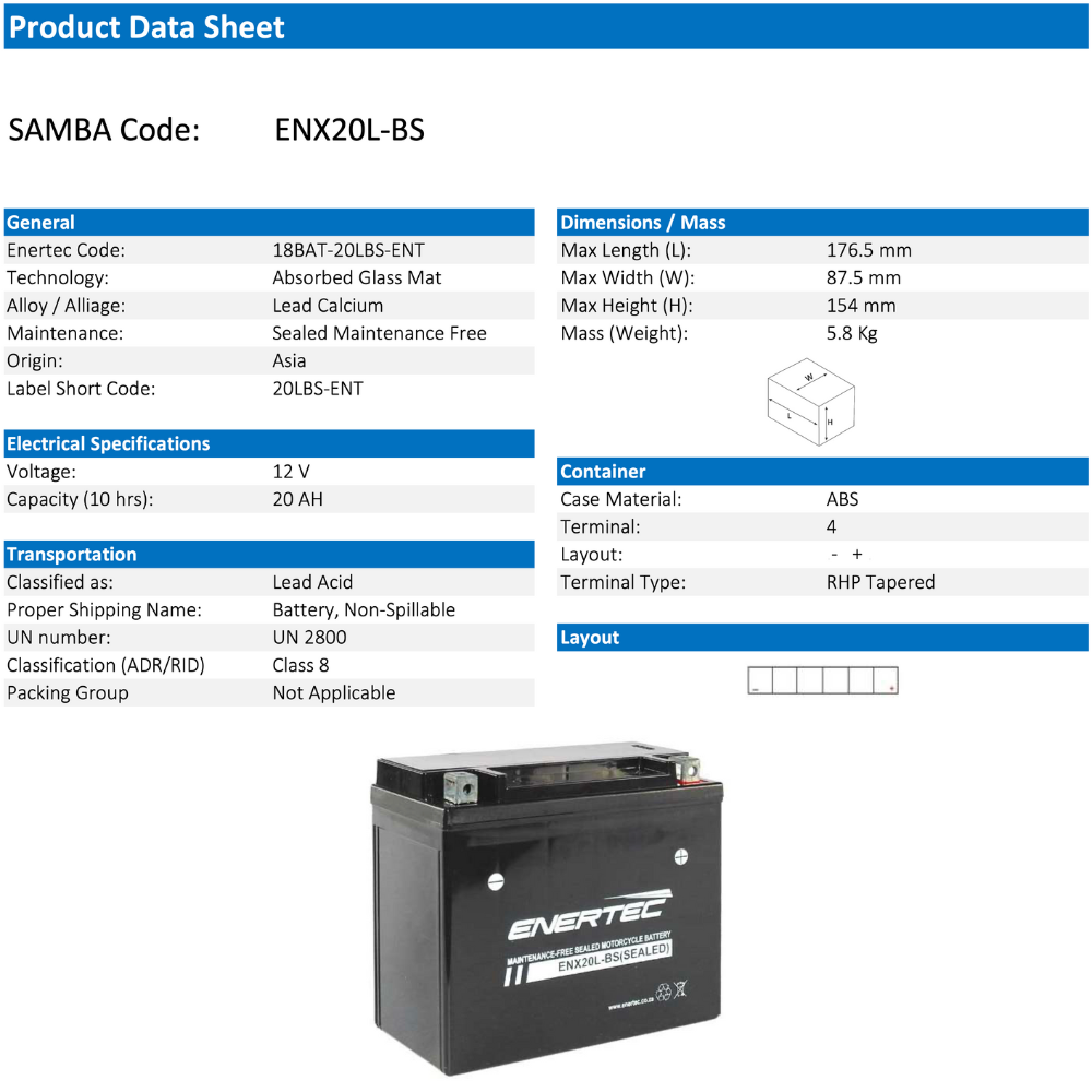 Enertec Battery ENX20L-BS -Motorcycle Battery