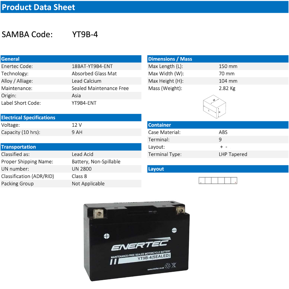 Enertec Battery YT9B-4 -Motorcycle Battery