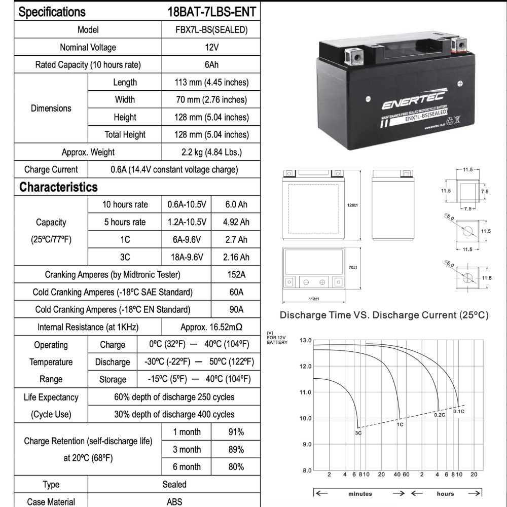 Enertec Battery ENX7L-BS -Motorcycle Battery