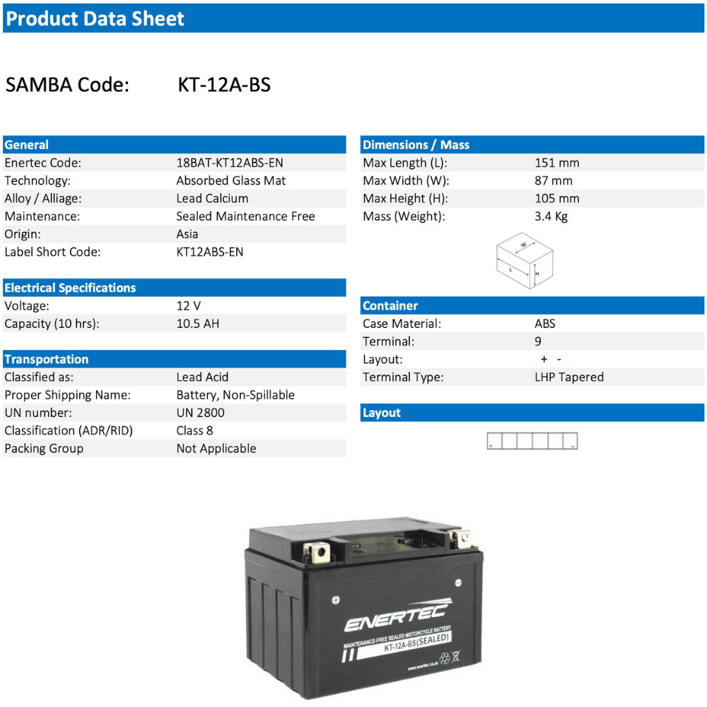 Enertec Battery KT-12A-BS -Motorcycle Battery