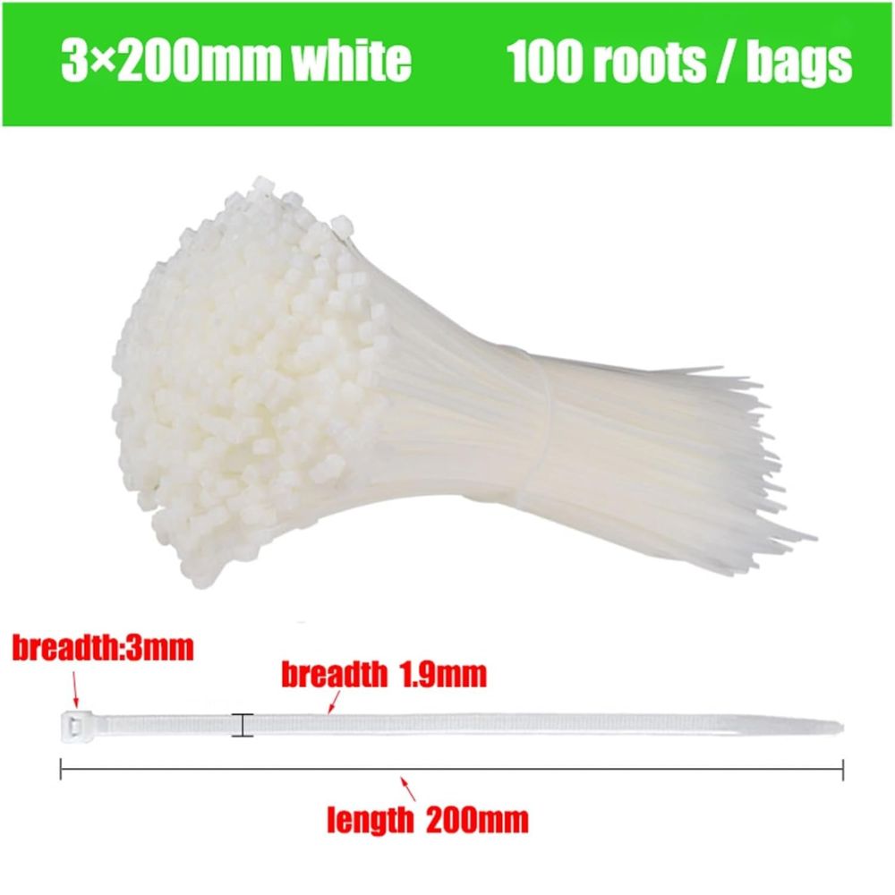 100pcs  Self-locking Plastic White Nylon Cable Ties (3x200mm)