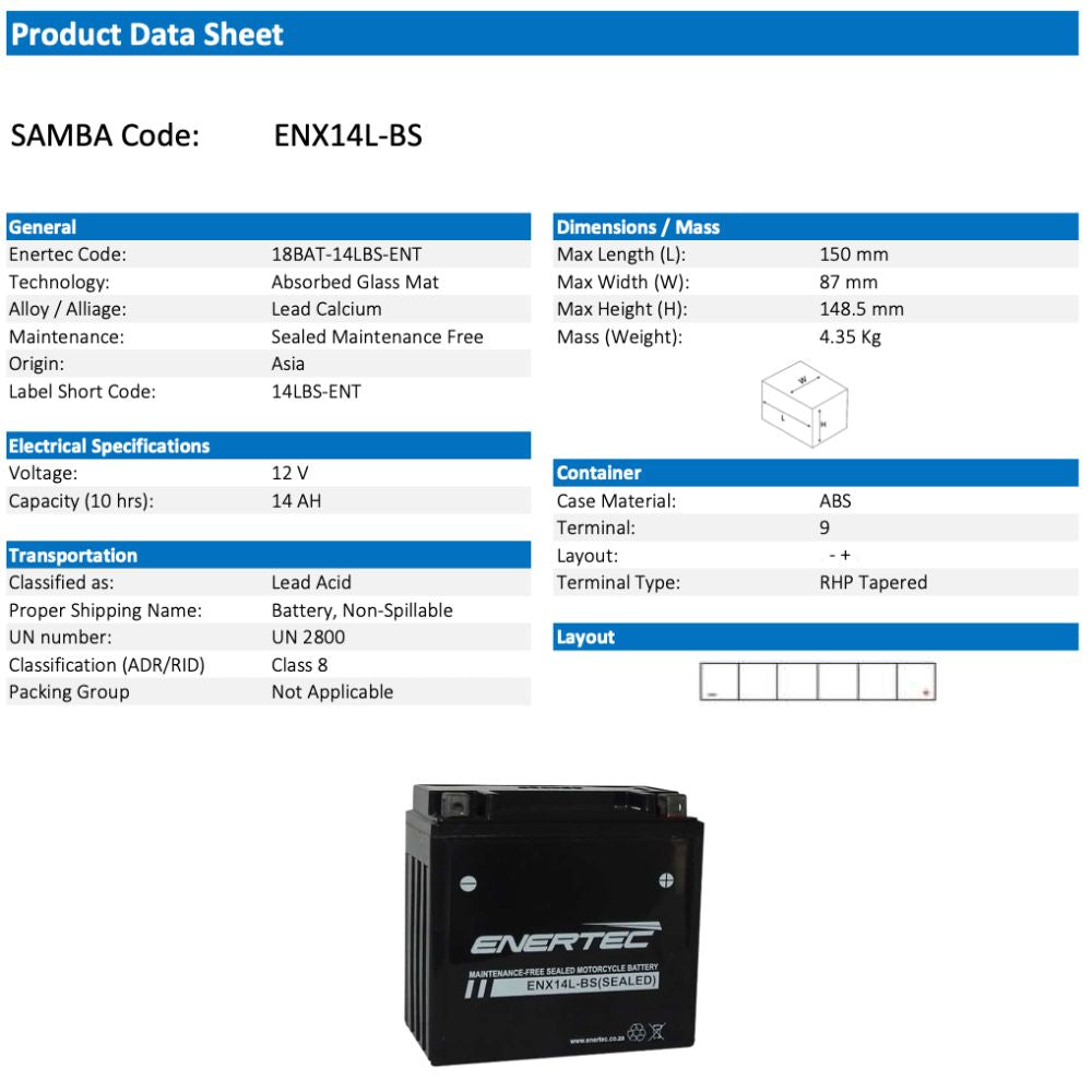 Enertec Battery ENX14L-BS -Motorcycle Battery