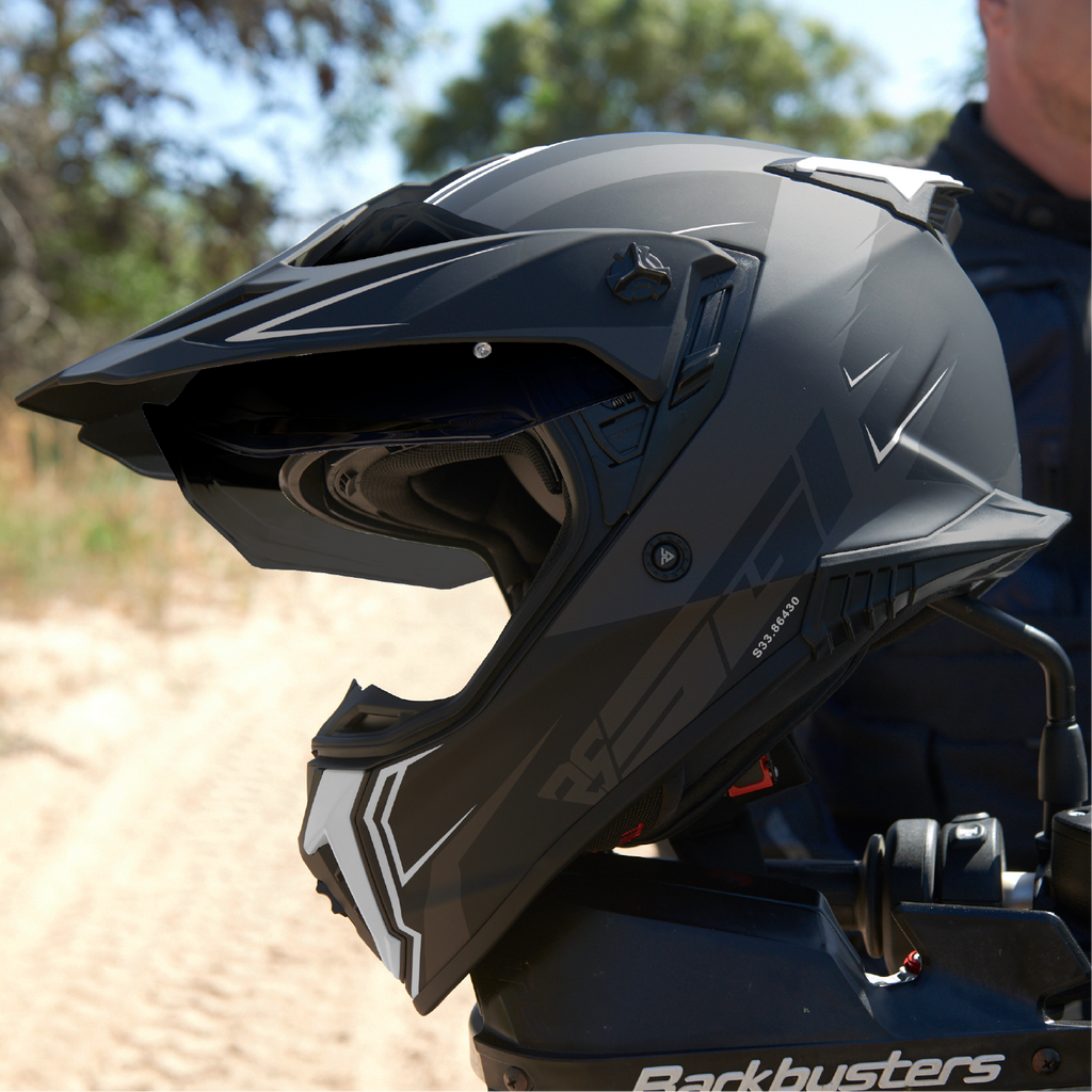 SGI Realm Ascent Gun-Metal/White Fibreglass Motorcycle Helmet